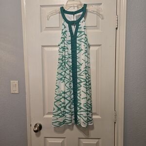 Skies Are Blue White Midi Dress with Teal Geometric Trim